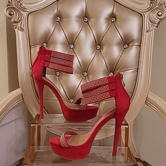 JustFab Red Gold Stud Open Toe Platform Stilettos - Picture 1 of 16
